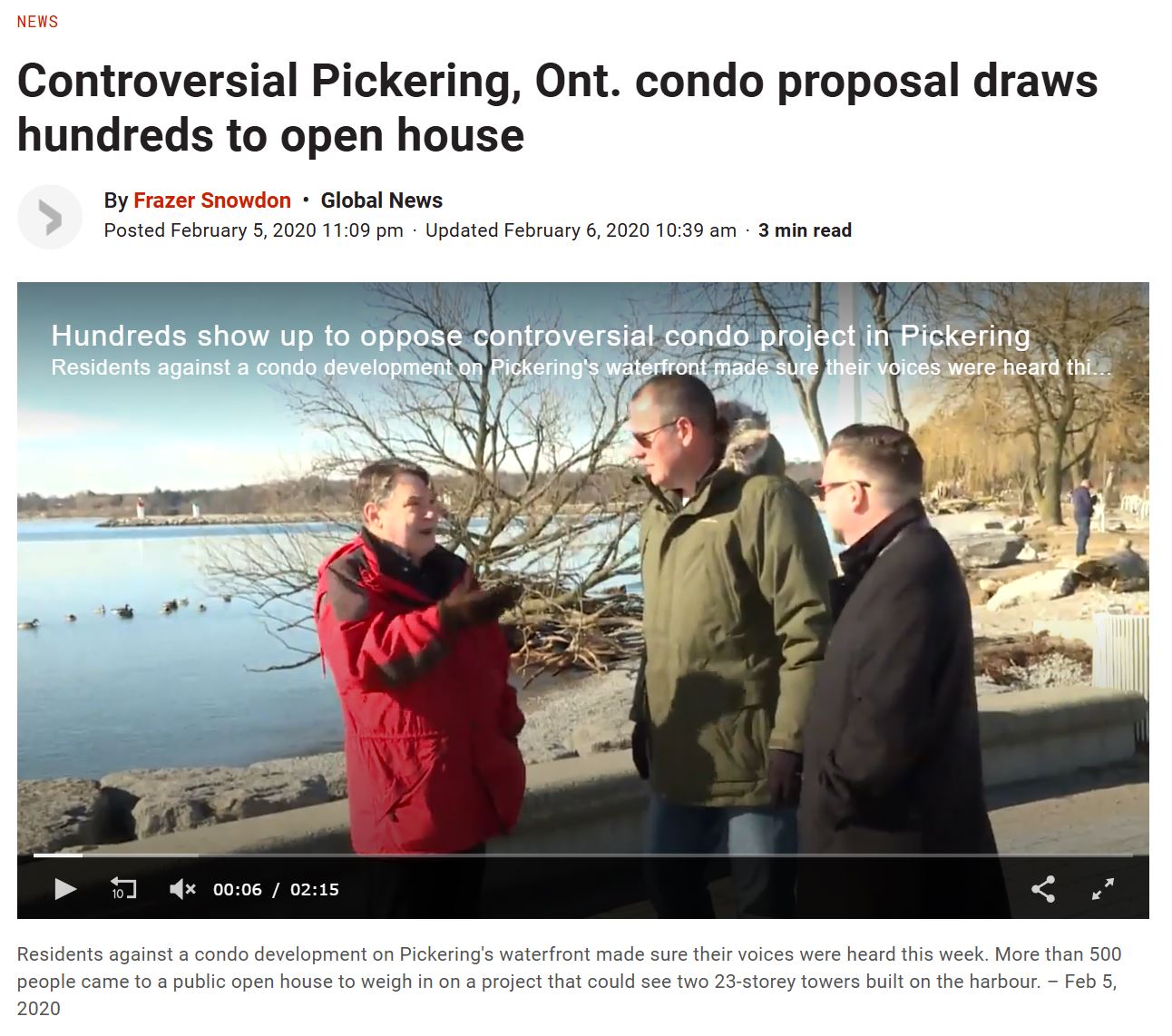 Global News article thumbnail — Pickering condo proposal open house