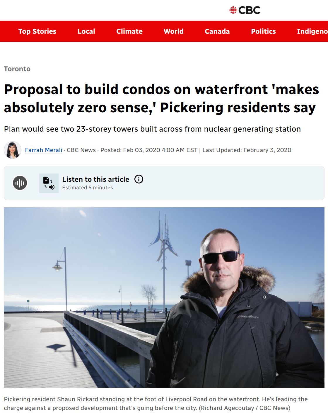 CBC News article thumbnail — Pickering waterfront condo proposal