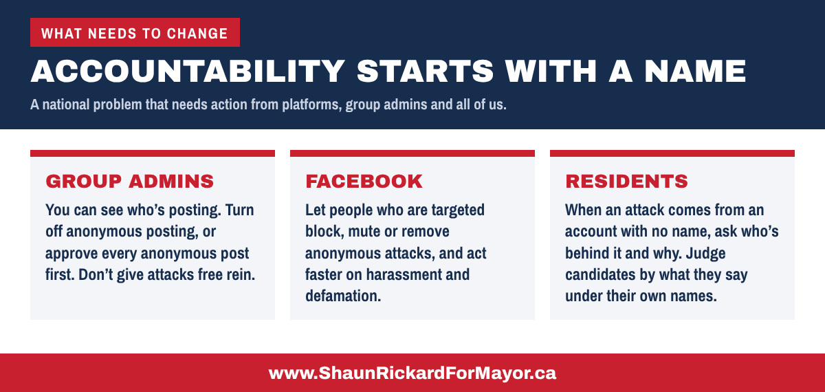 What needs to change: accountability starts with a name, with calls to action for group admins, Facebook and residents.
