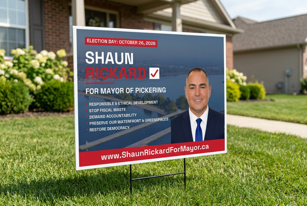 Shaun Rickard for Mayor of Pickering lawn sign displayed on a residential lawn